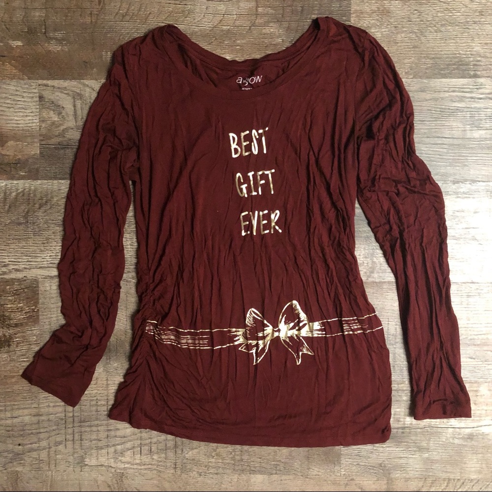 A:glow Christmas Holiday Maternity Best Gift Ever Burgundy Long Sleeve Shirt
